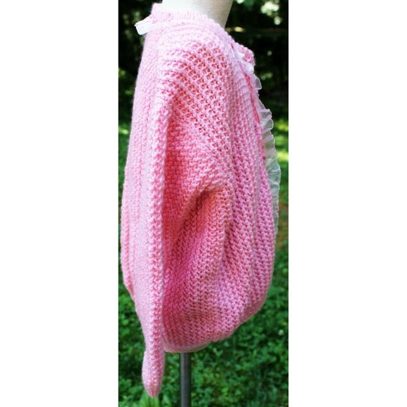 Crochet Cable Knit Pink Sweater Cardigan Roses Sheer Ruffle Girls Sz XL - Picture 3 of 8